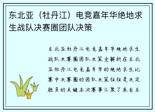 东北亚（牡丹江）电竞嘉年华绝地求生战队决赛圈团队决策