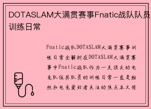 DOTASLAM大满贯赛事Fnatic战队队员训练日常